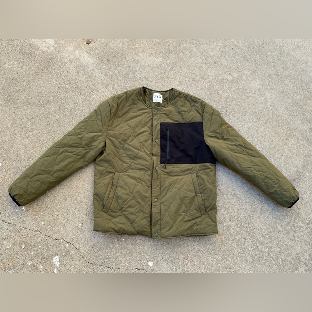 Zara / Men's Olive Quilted Jacket with Black Pocket / New